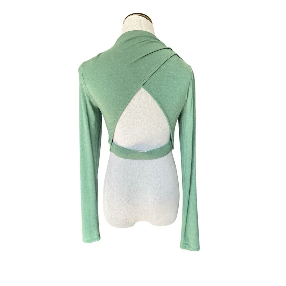 Free People Beach Womens Cierra Long Sleeve Crop Top Size S Green Open Back Mock